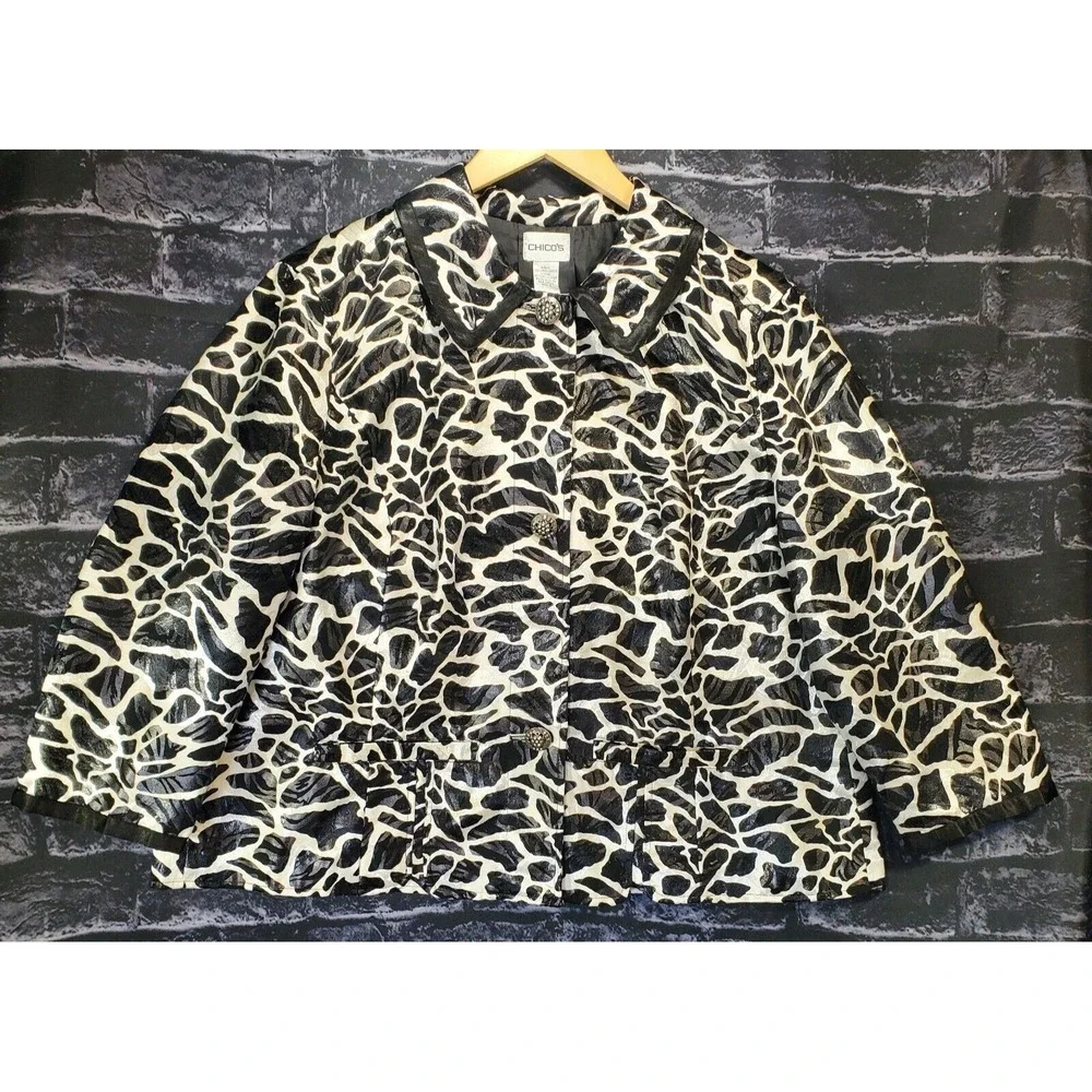 Chicos 2 Seema Jacket Womens Large Black White Stony‎ Path 3/4 Sleeve